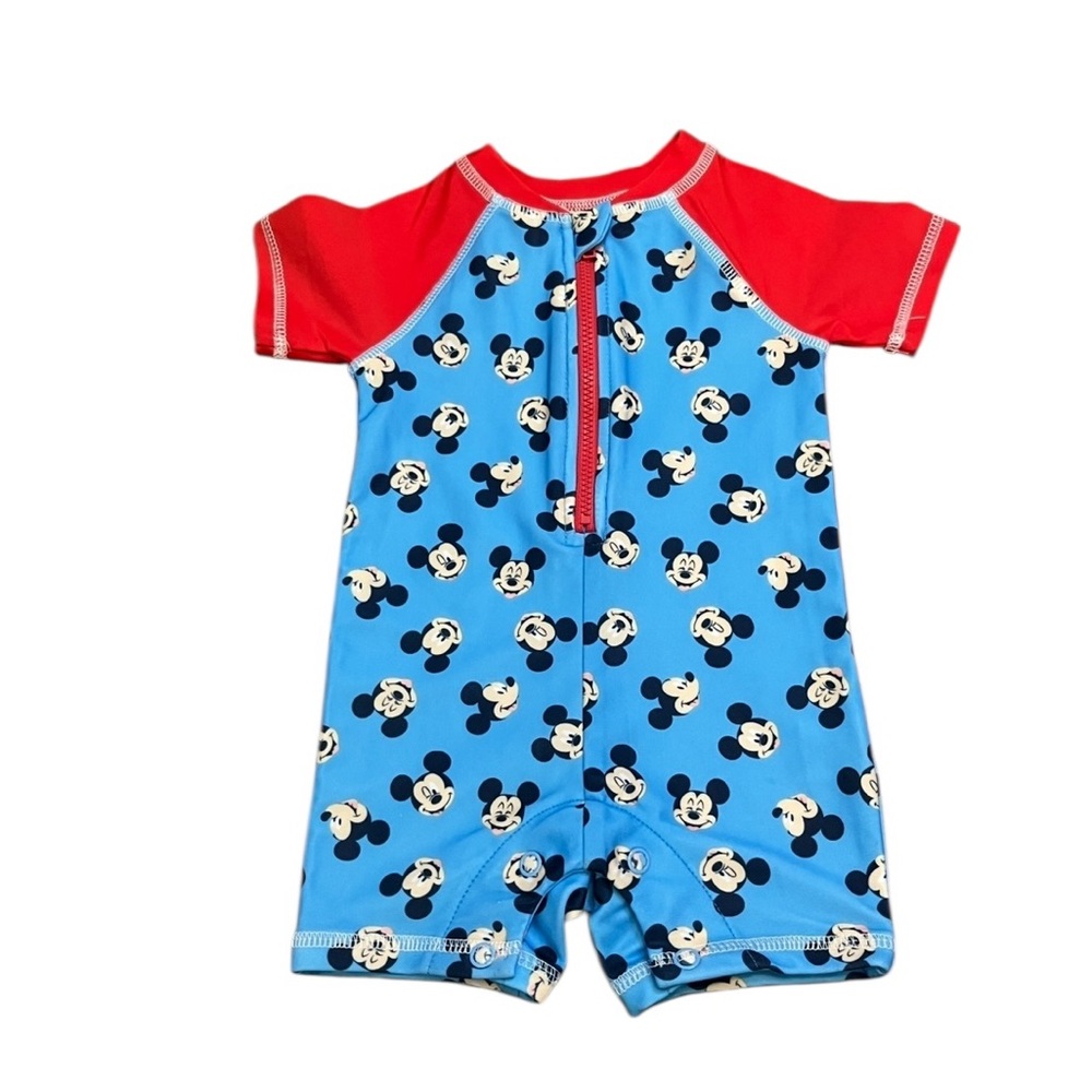 Disney Baby Mickey Mouse Swim Romper One Piece Blue Red Allover Print Size 3/6M